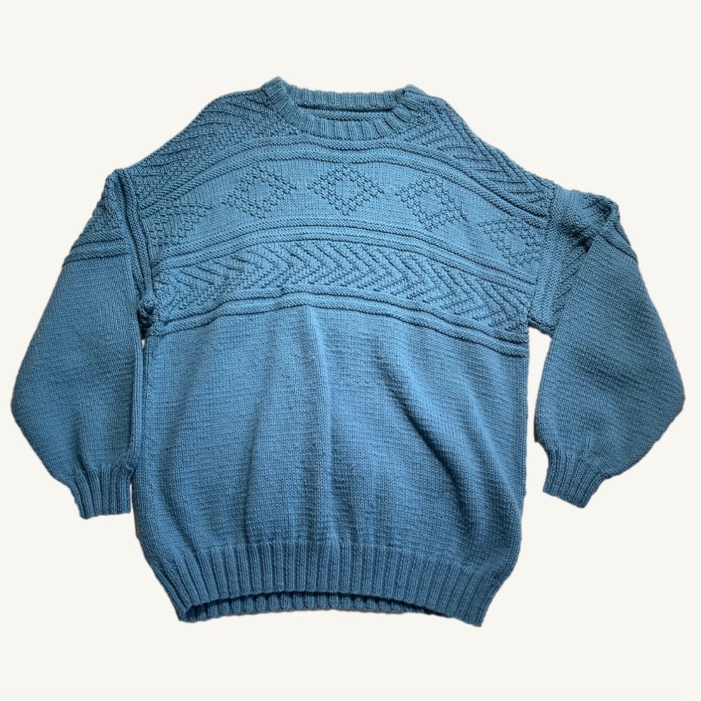 Homemade Knit Yarn Sweater Diamond Details Beautiful Blue Crew Neck